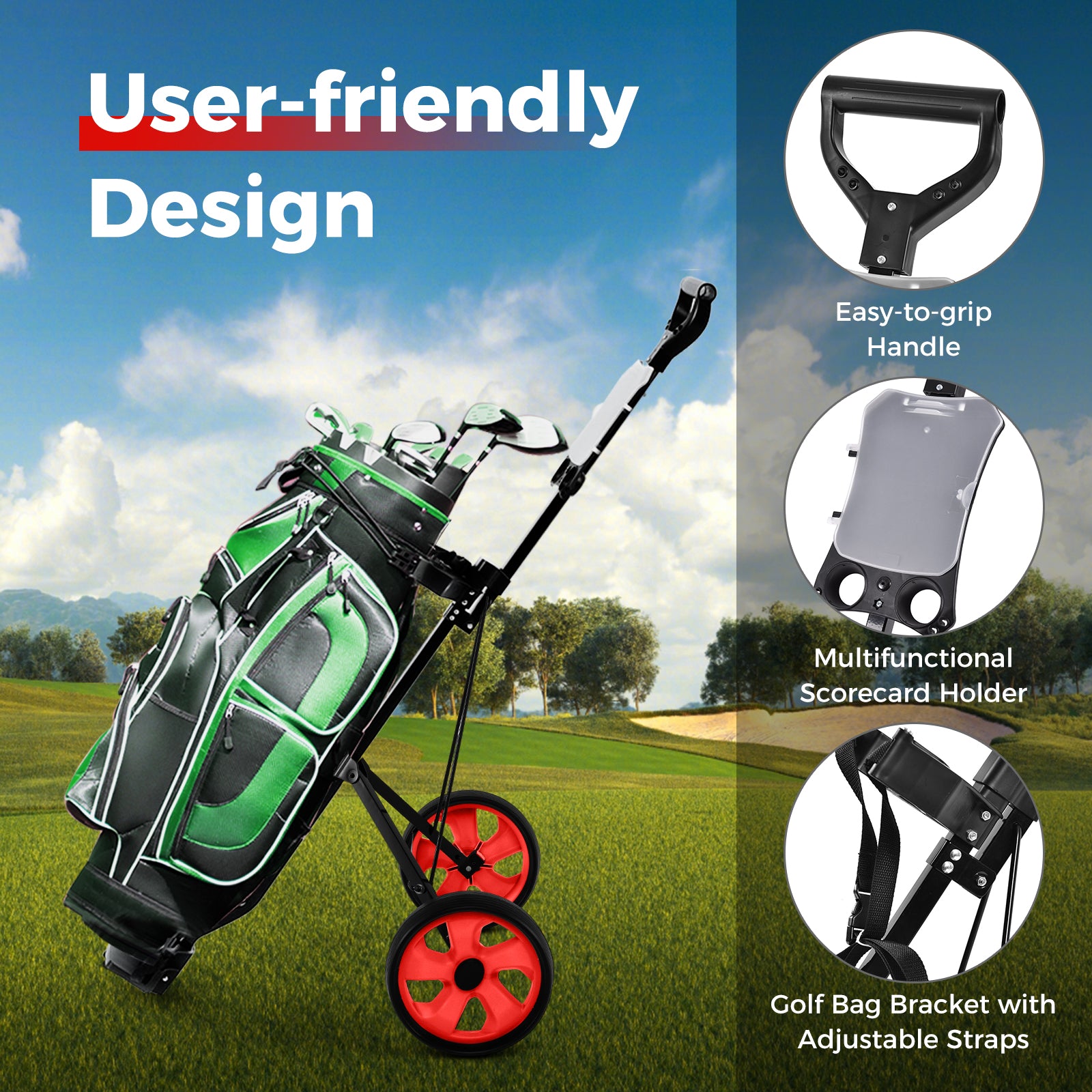 Foldable 2 Wheels Foldable Golf Cart with Scoreboard-Red