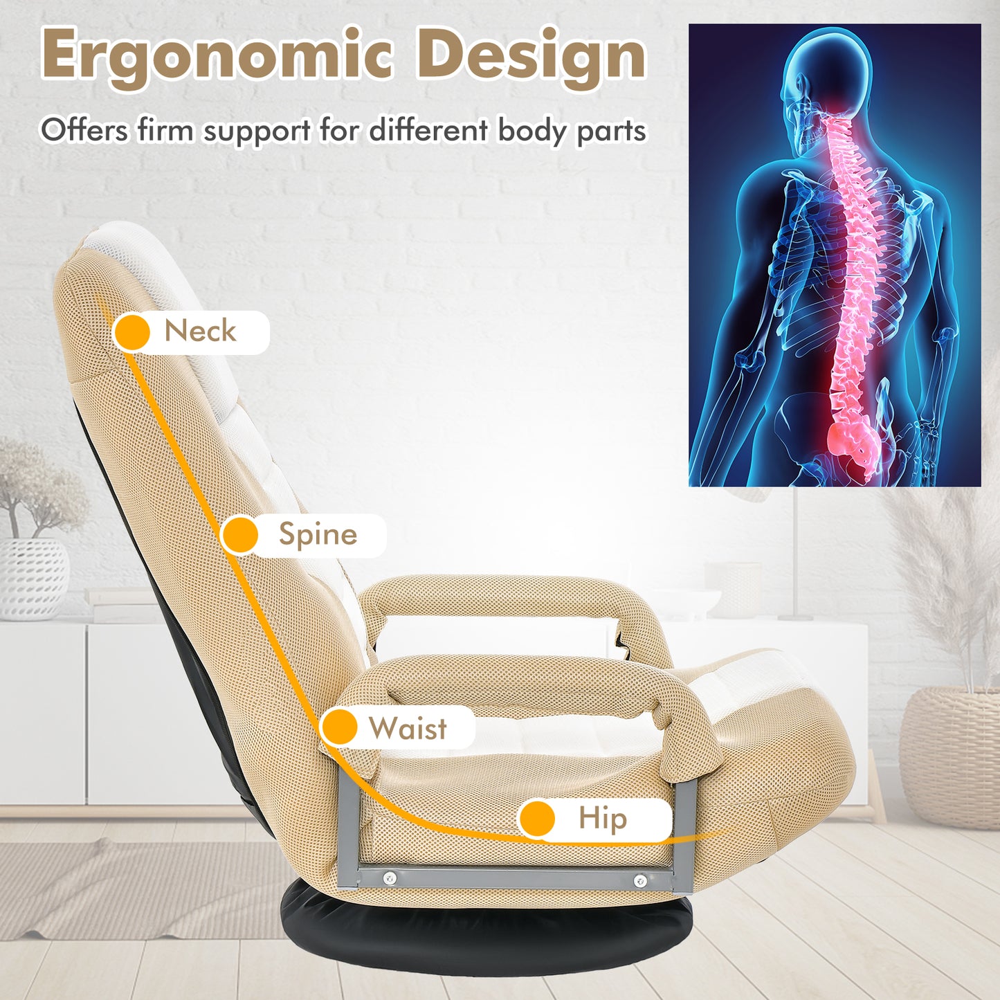 Foldable 360-Degree Swivel Gaming Floor Chair with Adjustable Backrest-Coffee