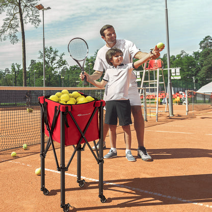 Foldable Aluminum Tennis Ball Cart Hopper Basket with Wheels-Red