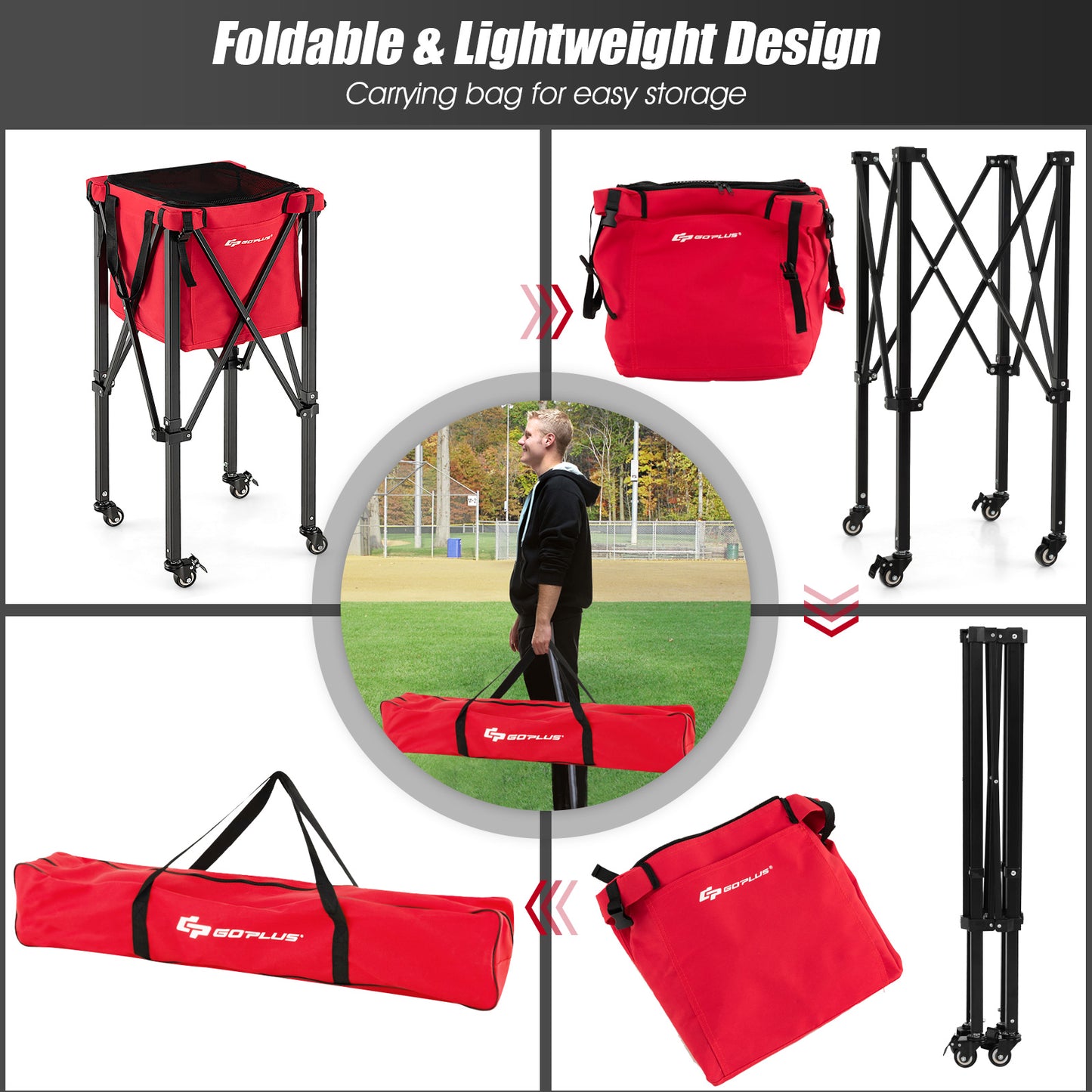 Foldable Aluminum Tennis Ball Cart Hopper Basket with Wheels-Red