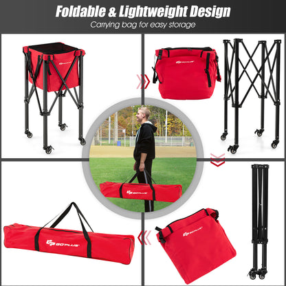 Foldable Aluminum Tennis Ball Cart Hopper Basket with Wheels-Red
