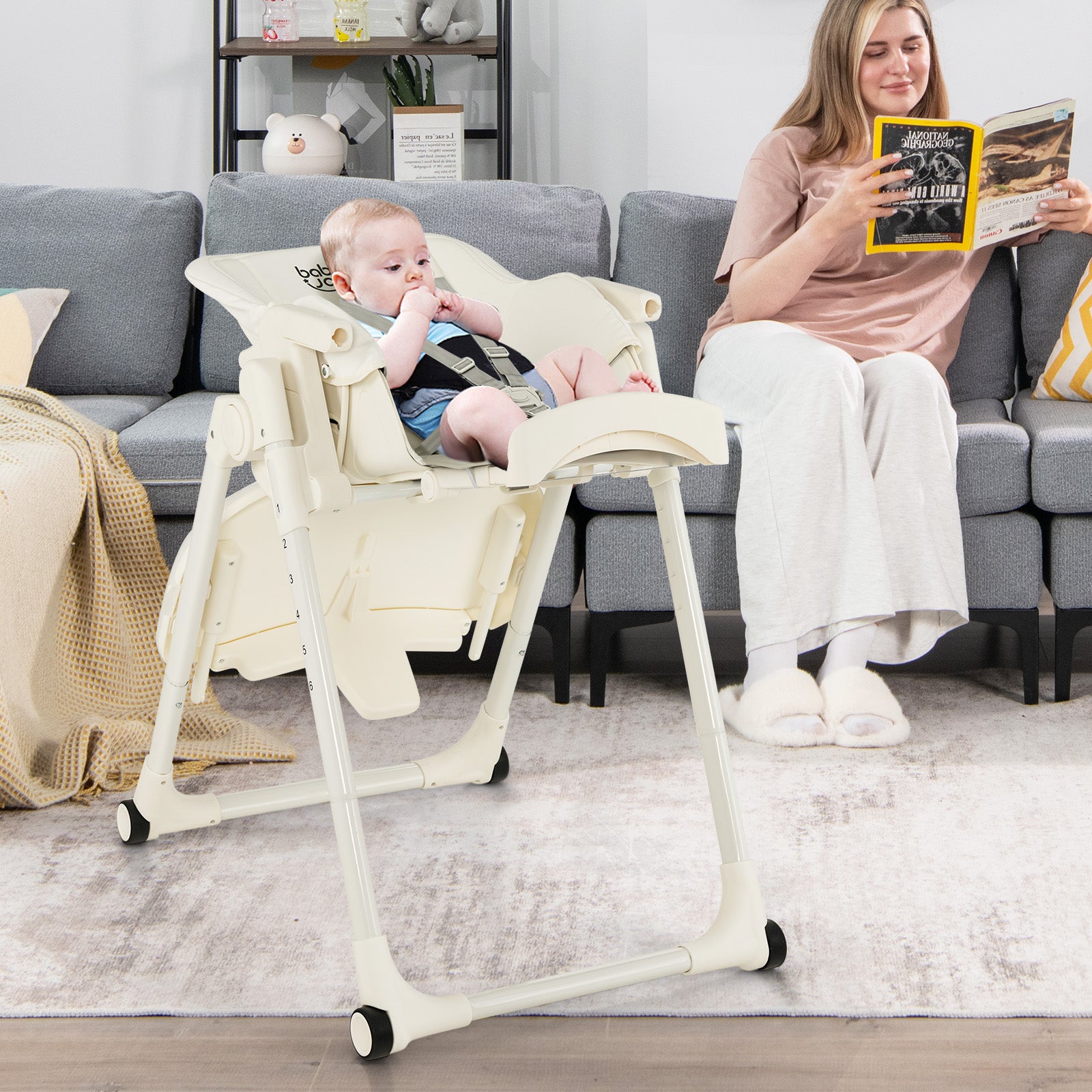 4-in-1 Foldable Baby High Chair with 6 Adjustable Heights and 5-Position Backrest-Beige