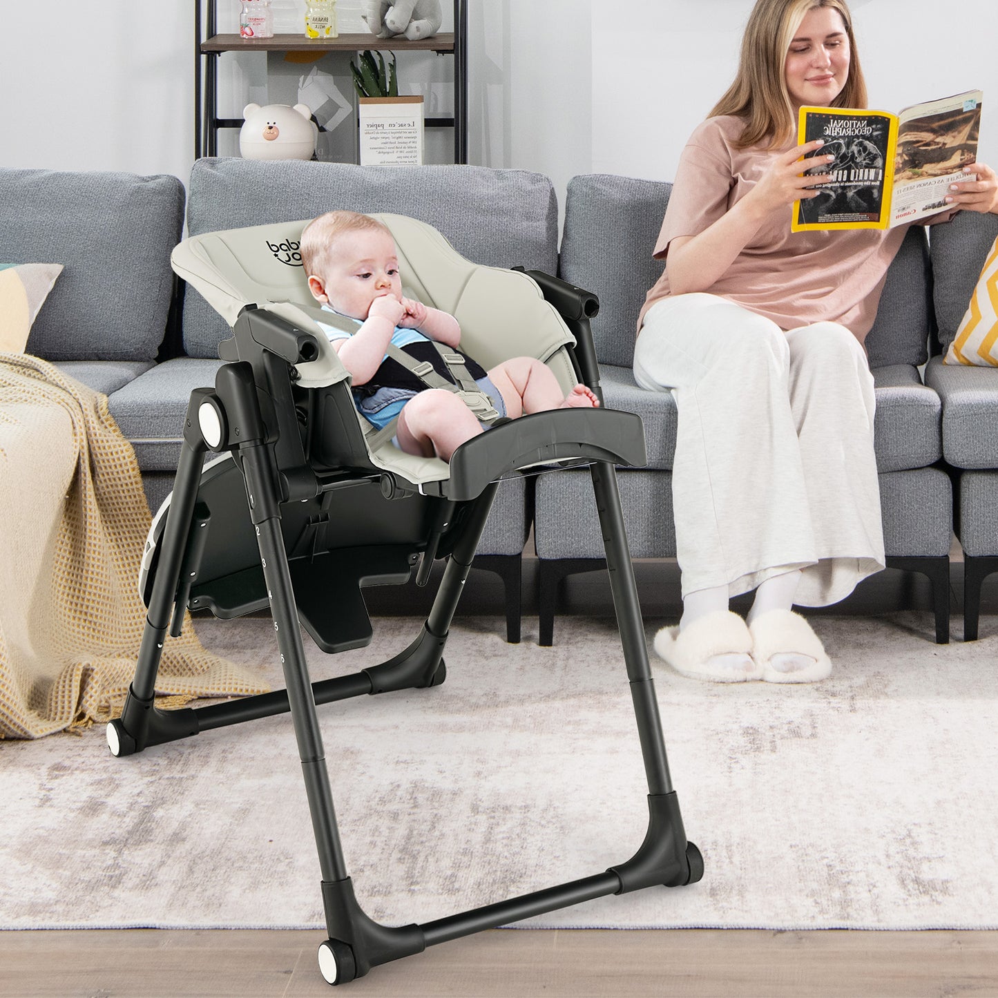 4-in-1 Foldable Baby High Chair with 6 Adjustable Heights and 5-Position Backrest-Grey