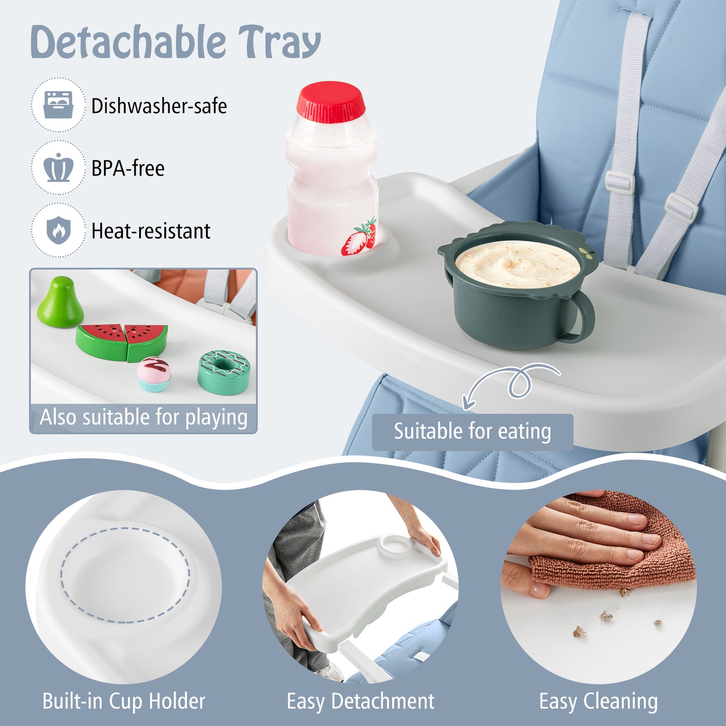 Foldable Baby High Chair with Removable Adjustable Tray-Navy