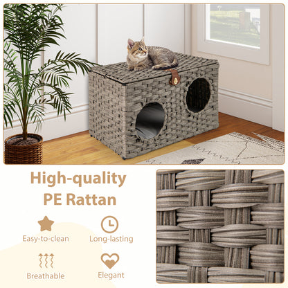 Foldable Cat Bed for Indoor Cats 60 cm x 35 cm x 35 cm Large Rattan Kitten Condo House-Grey