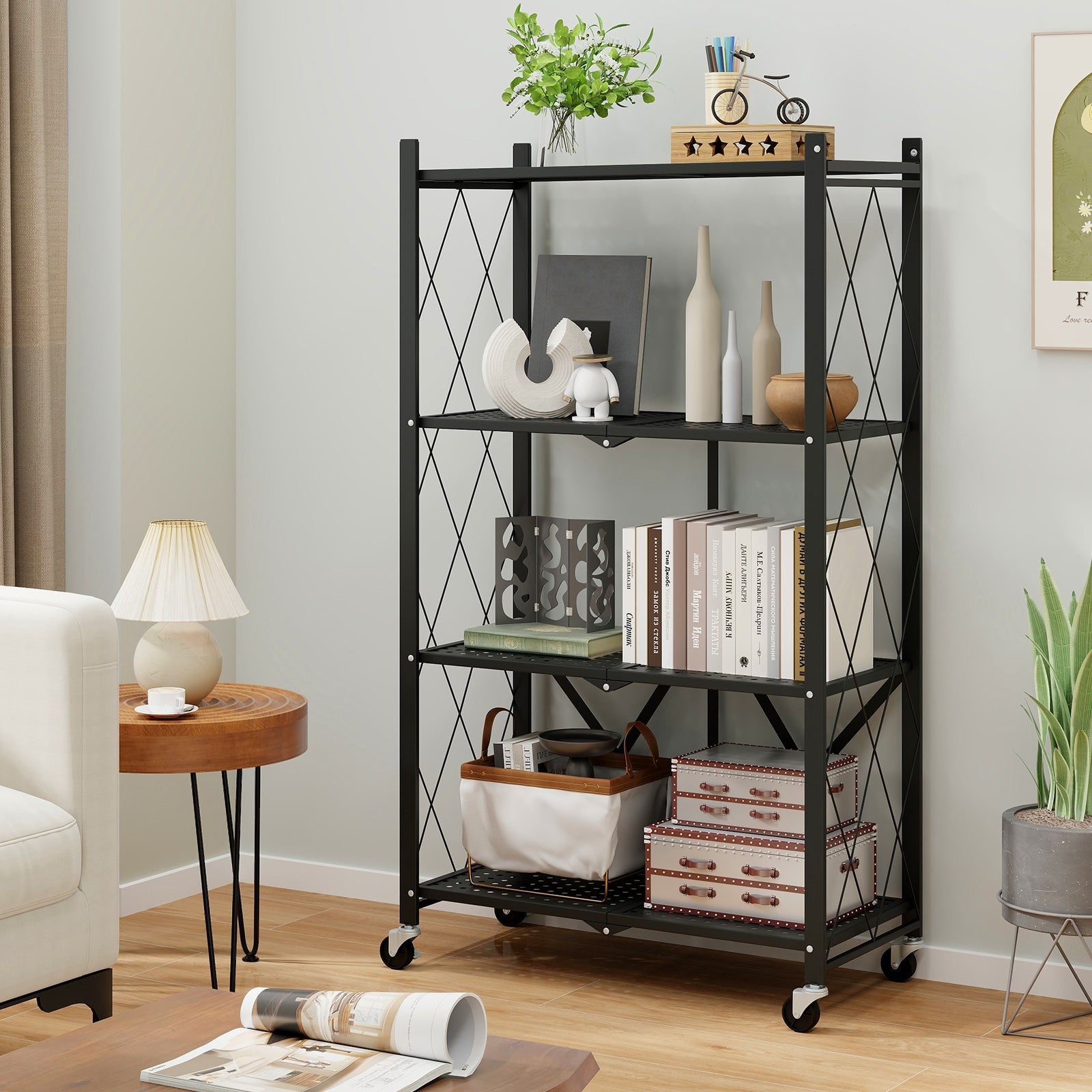 4-Tier Metal Foldable Collapsible Storage Rack with Lockable Wheels-Black