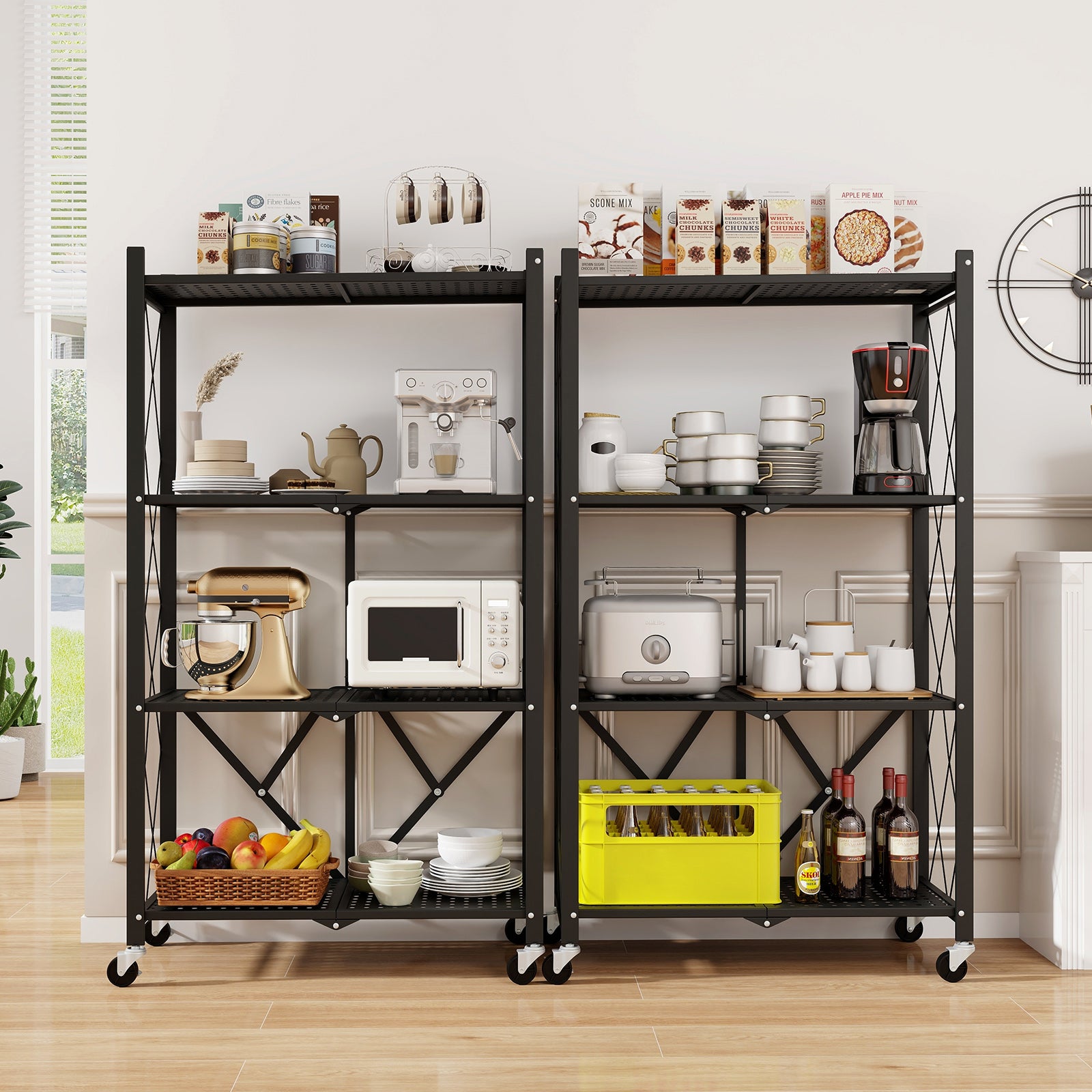 4-Tier Metal Foldable Collapsible Storage Rack with Lockable Wheels-Black