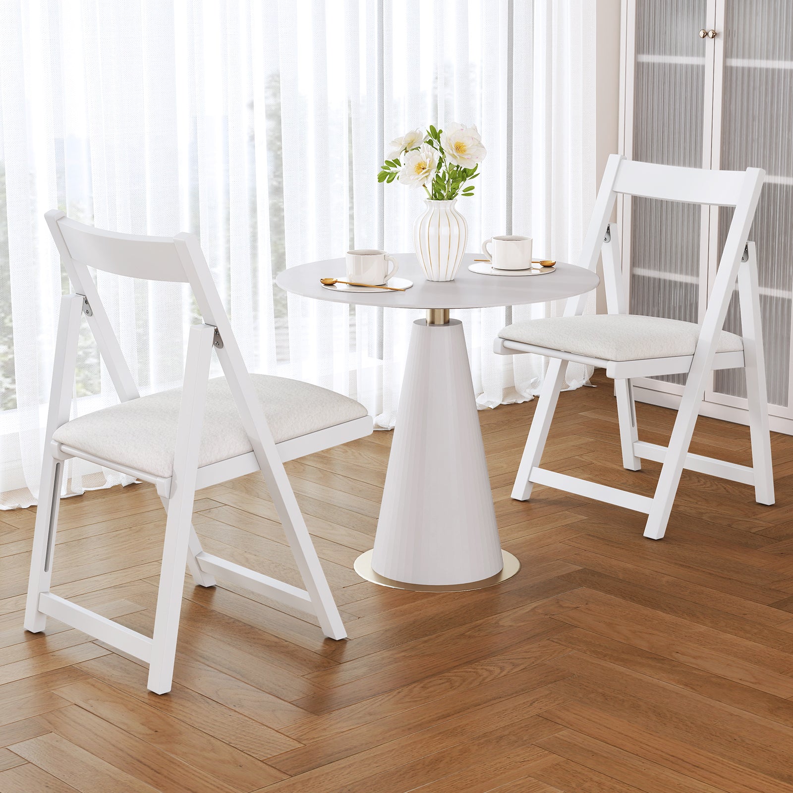 Foldable Dining Chair Set of 2 with Padded Seat and Curved Backrest-White