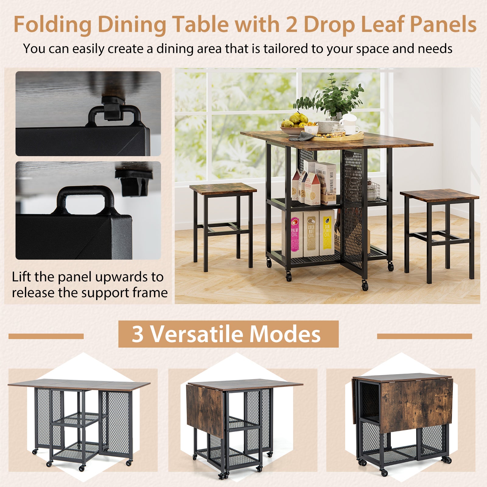 3-Piece Foldable Dining Table Set with Lockable Wheels for Small Place-Brown
