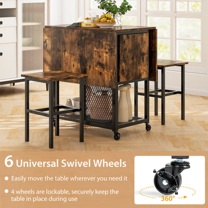 3-Piece Foldable Dining Table Set with Lockable Wheels for Small Place-Brown