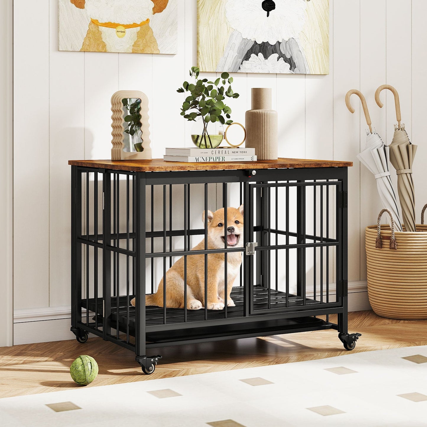 Foldable Dog Crate Furniture with Removable Tray Heavy-duty Chew-resistant Dog Kennel-M