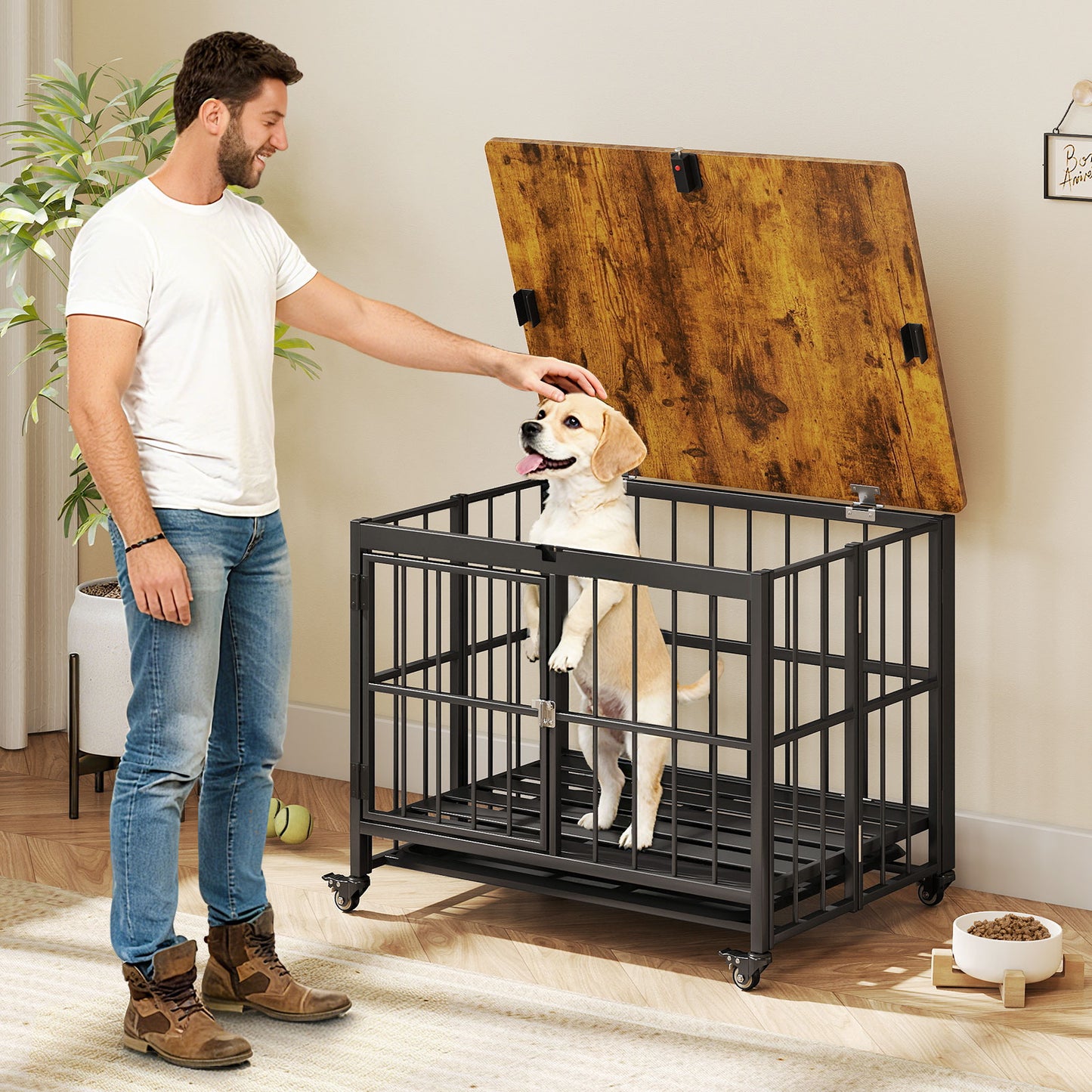 Foldable Dog Crate Furniture with Removable Tray Heavy-duty Chew-resistant Dog Kennel-M