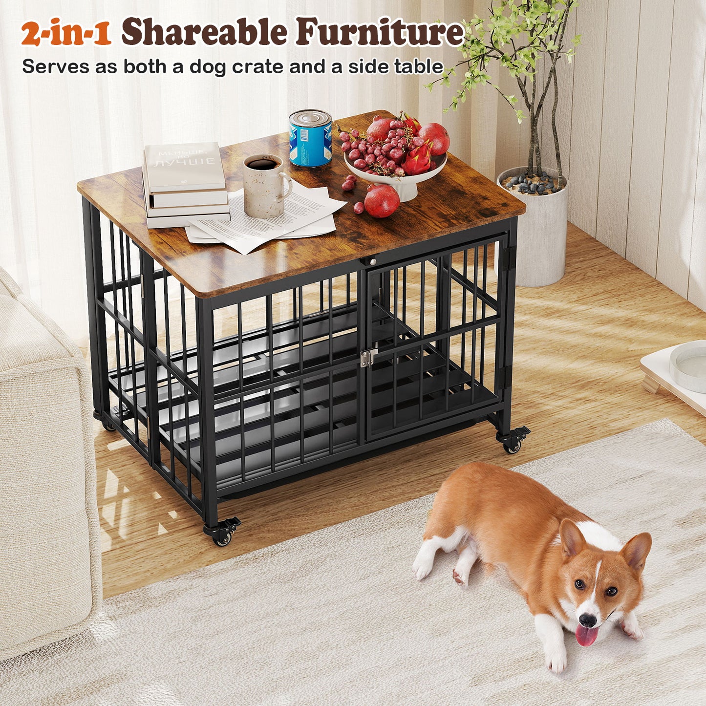 Foldable Dog Crate Furniture with Removable Tray Heavy-duty Chew-resistant Dog Kennel-M