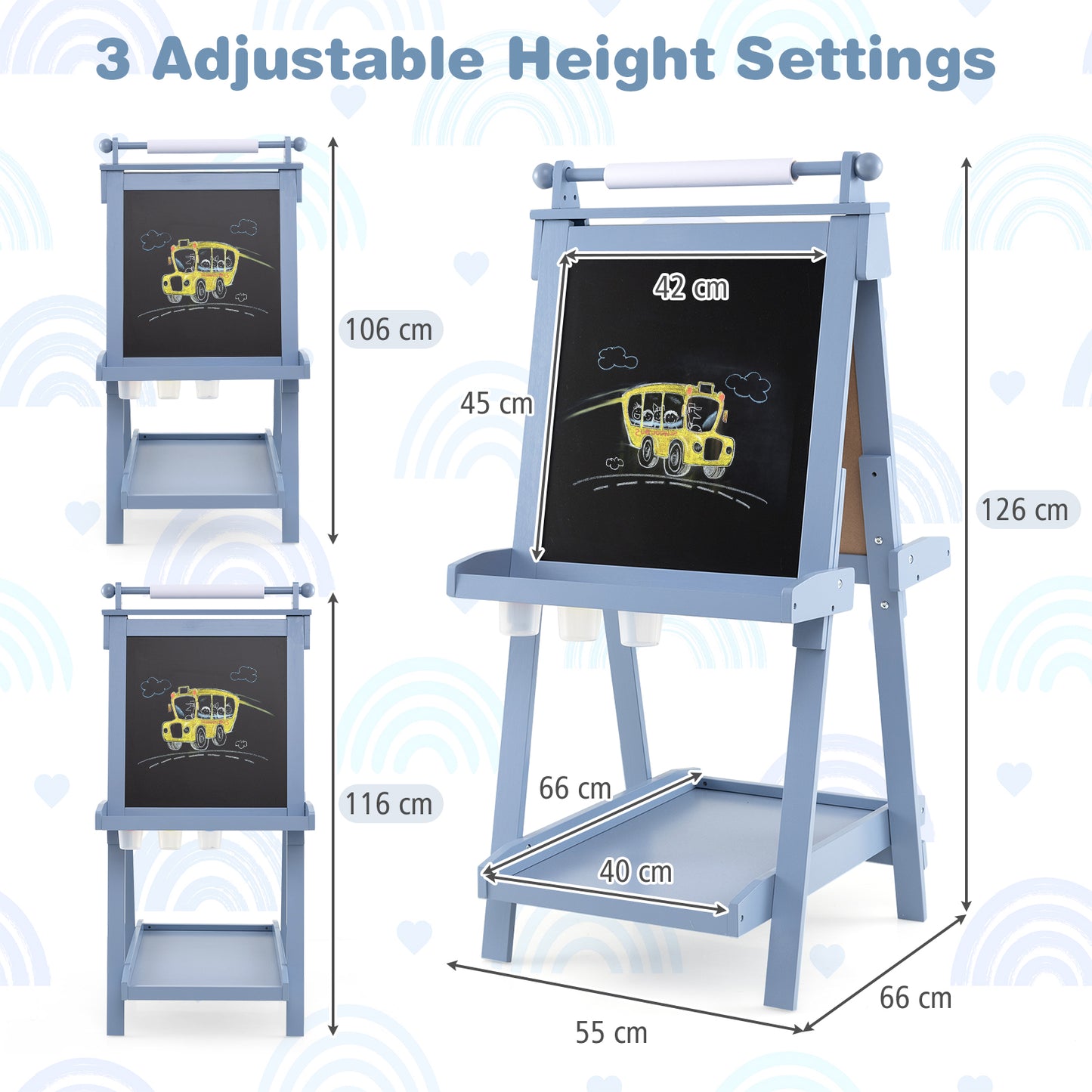 3-in-1 Double-sided Art Easel Foldable Easel for Kids-Blue