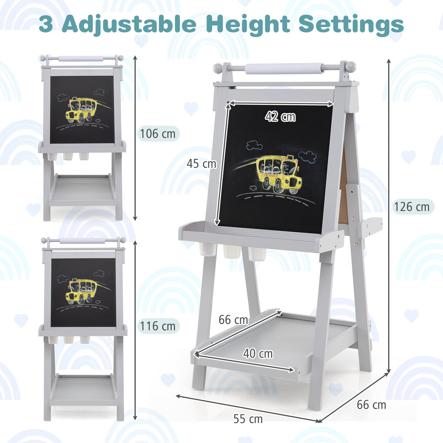 3-in-1 Double-sided Art Easel Foldable Easel for Kids-Grey