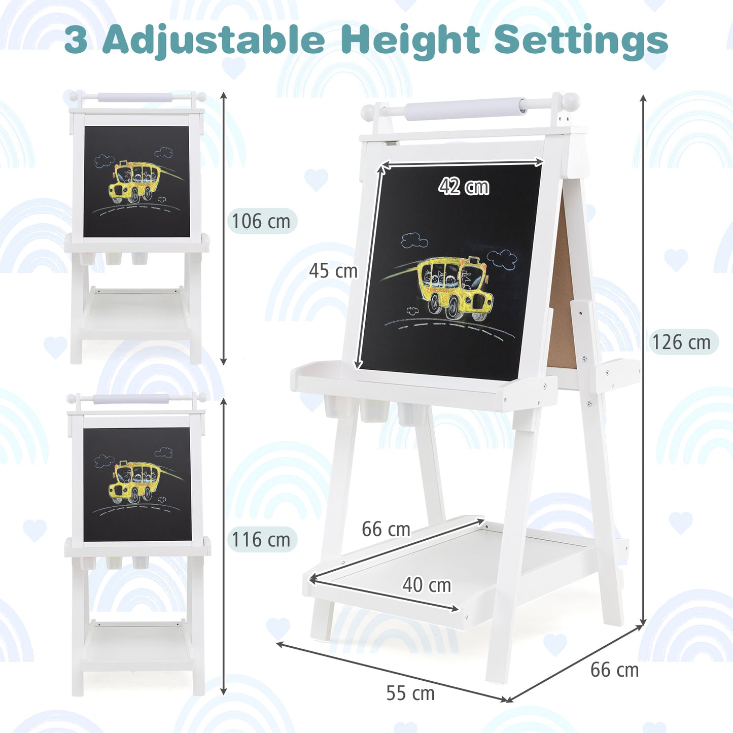 3-in-1 Double-sided Art Easel Foldable Easel for Kids-White