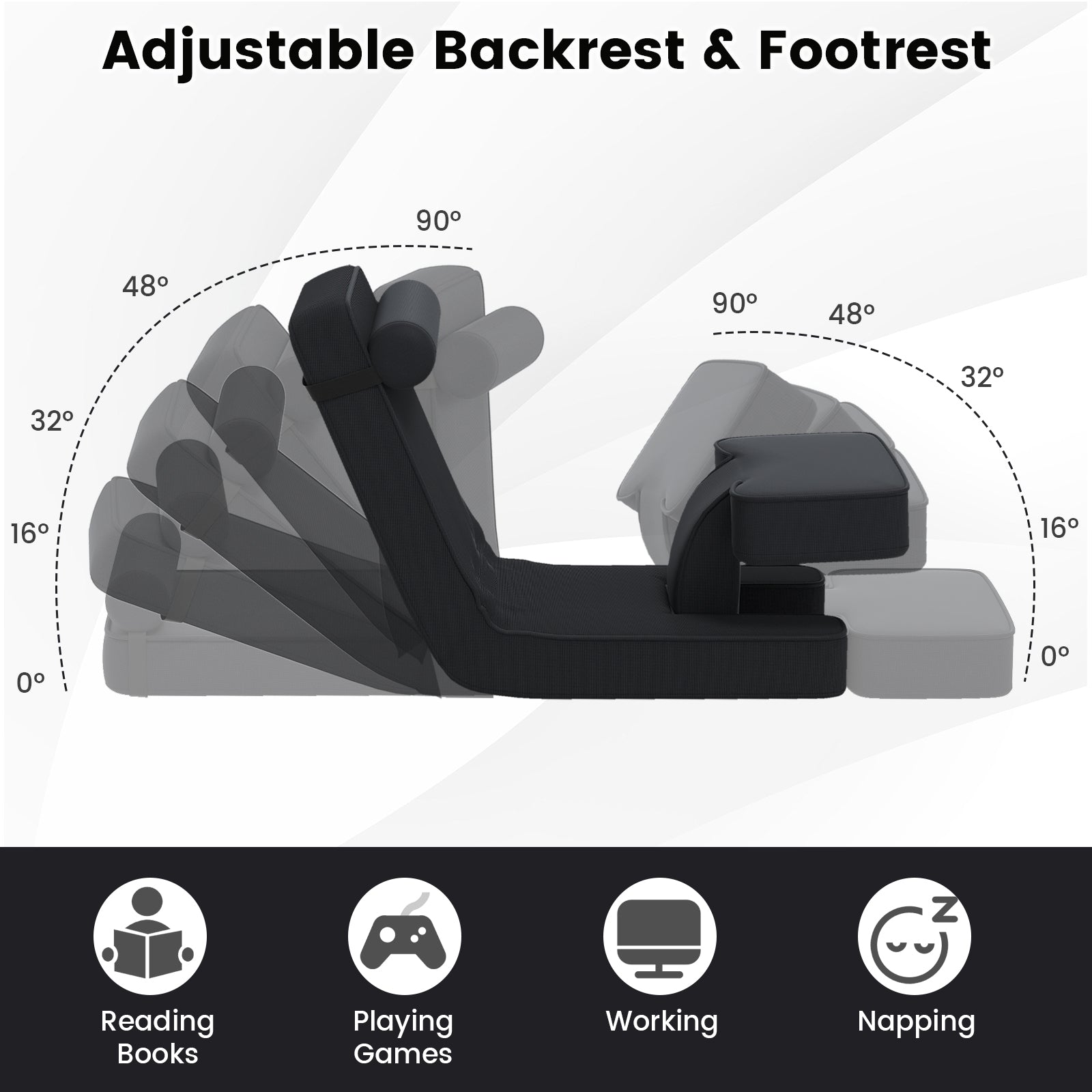 Foldable Lazy Sofa 5-Level Adjustable with Footrest and Tabletop-Black