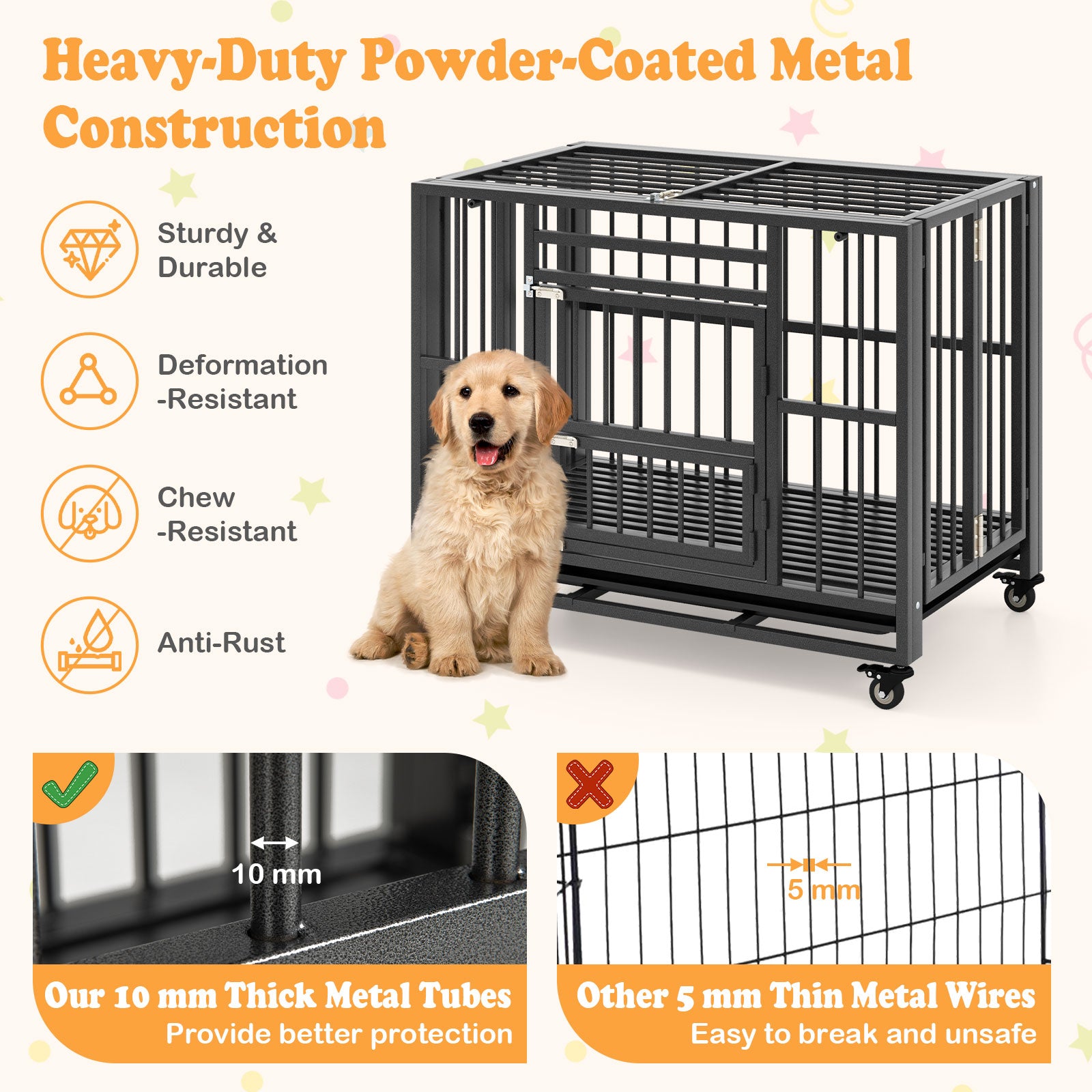 Foldable Metal Dog Cage Chew-proof Dog Crate with Lockable Universal Wheels