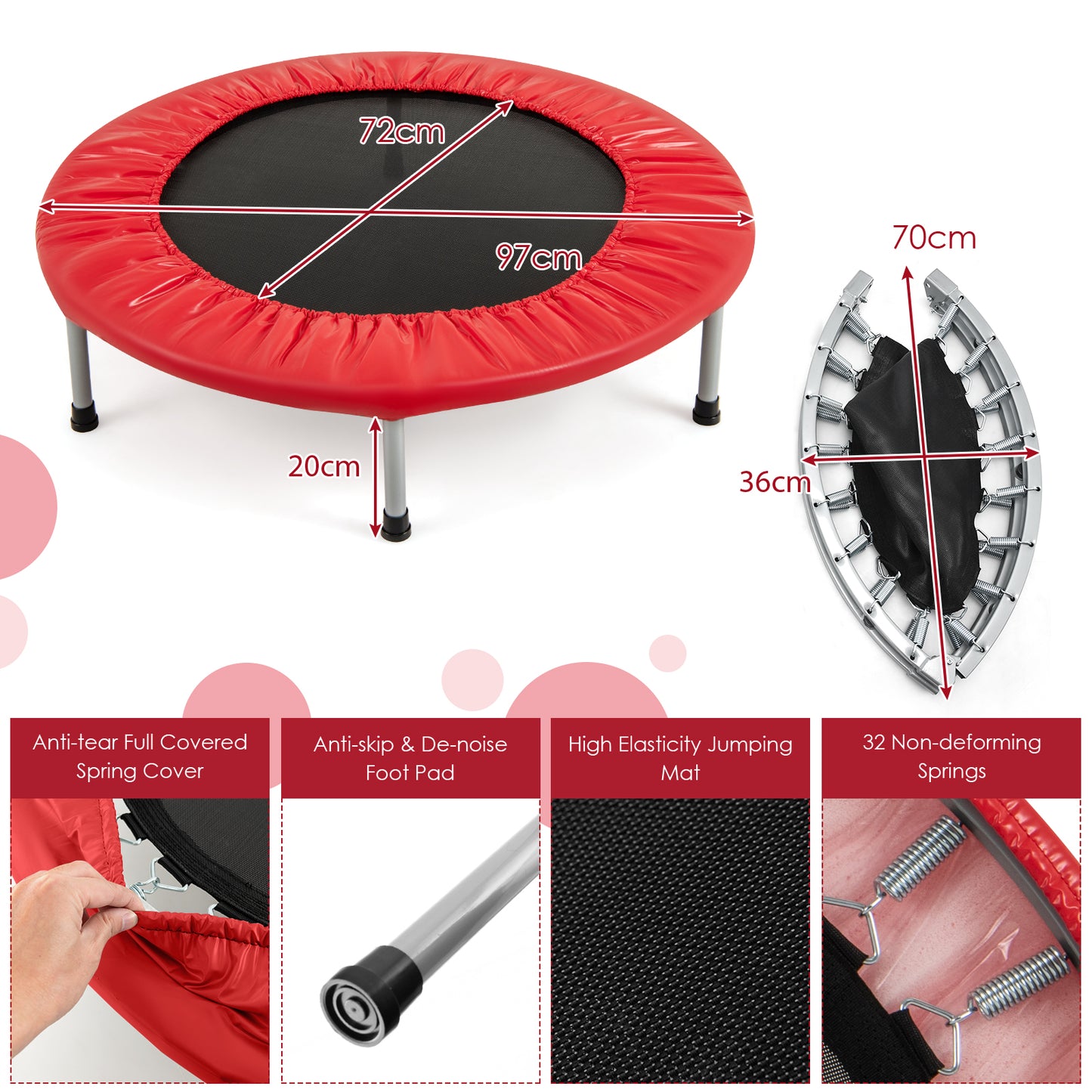 Foldable Mini Trampoline with Springs and Padded Cover-Red