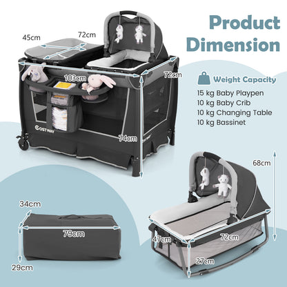 5-in-1 Foldable Pack and Play with Removable Bassinet-Grey