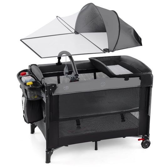 Foldable Pack and Play with 5 Adjustable Heights and Changing Table-Dark Black