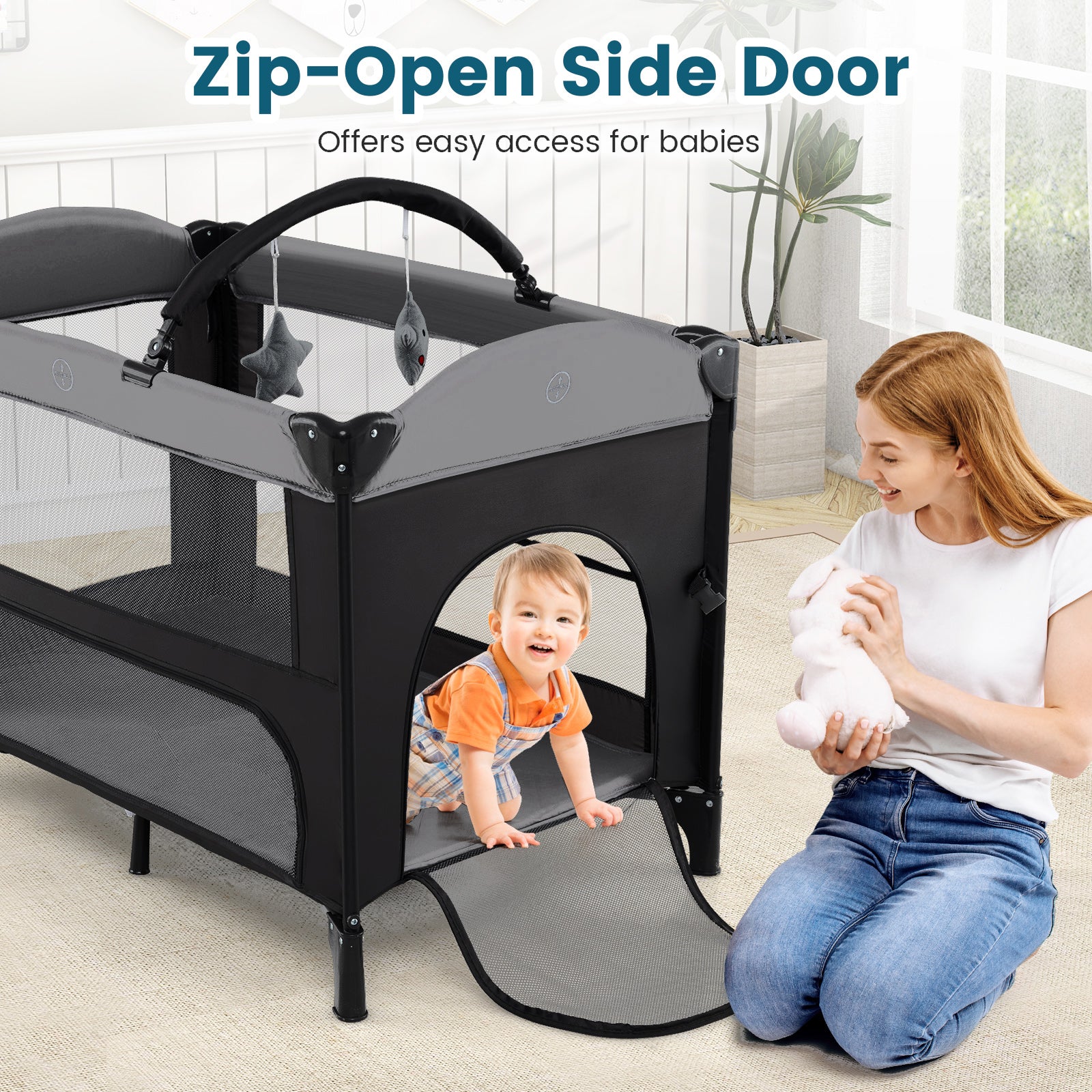Foldable Pack and Play with 5 Adjustable Heights and Changing Table-Dark Black