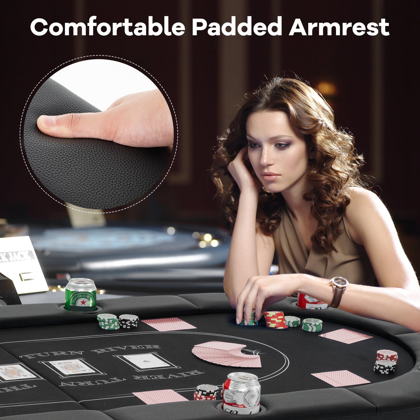 Foldable Poker Table for 8 Players Portable Oval Card Board with Cup Holders-Black