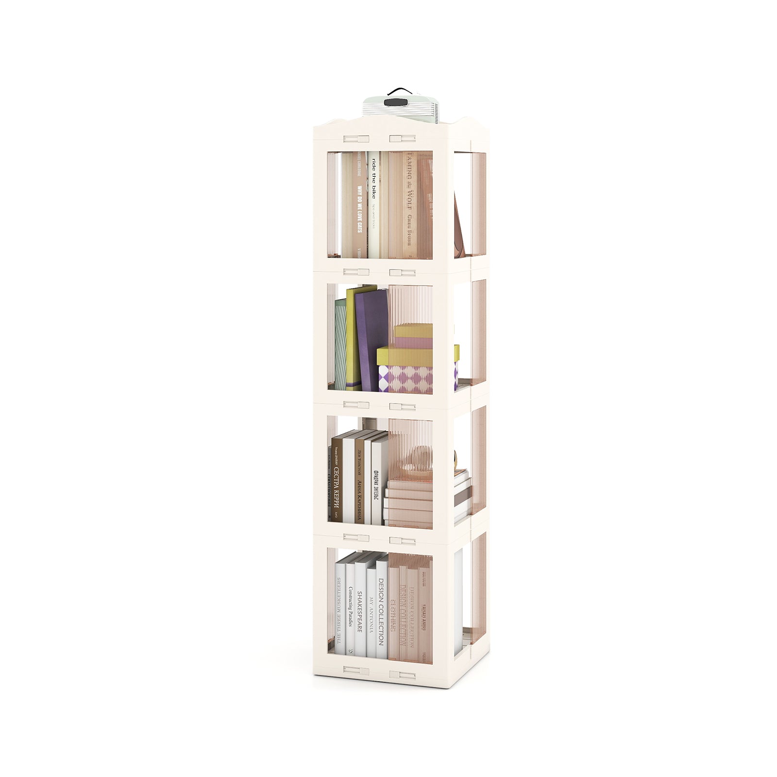 Foldable Rotating Bookshelf 4-Tier Revolving Bookshelf Tower-White