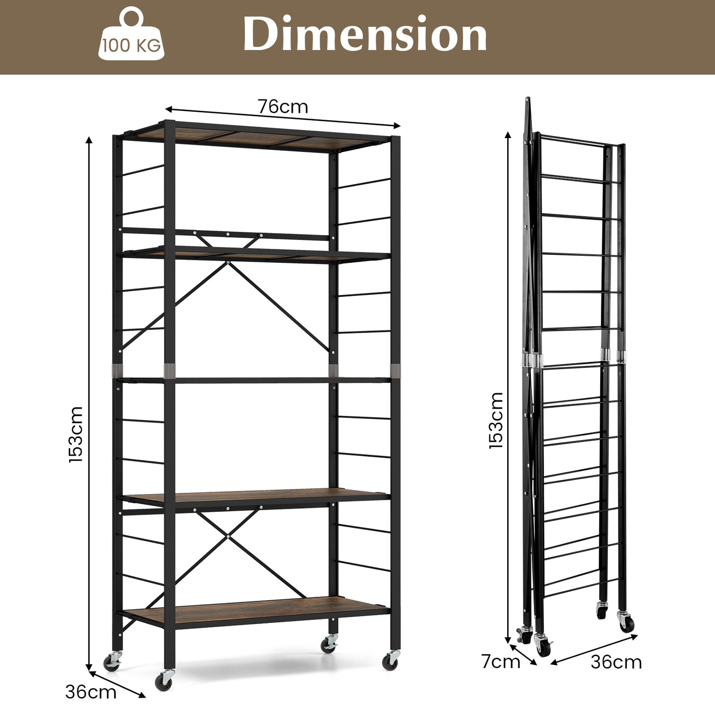 5-Tier Foldable Shelving Unit Metal Shelves with Detachable Wheels-Black
