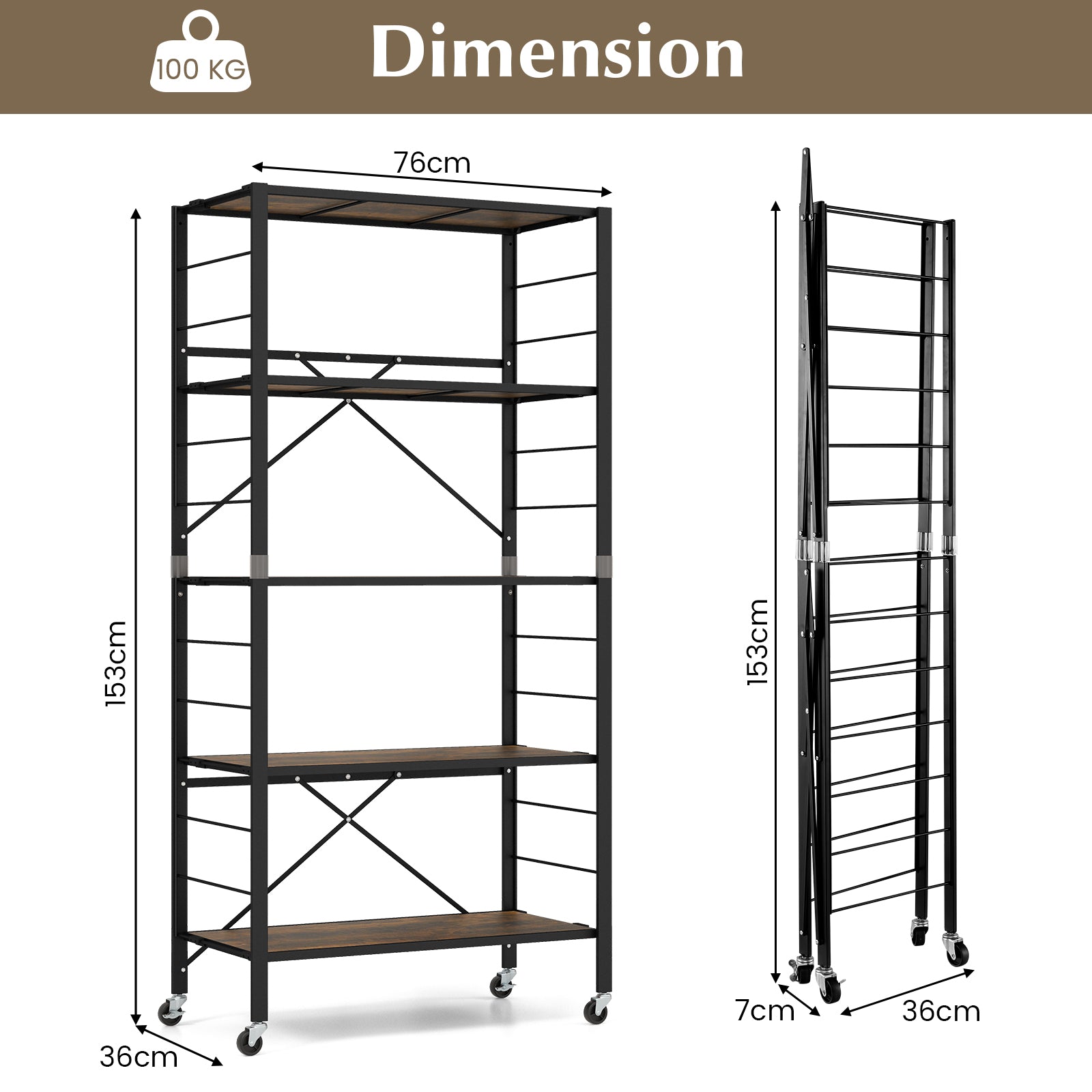5-Tier Foldable Shelving Unit Metal Shelves with Detachable Wheels-Black