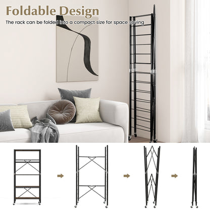 5-Tier Foldable Shelving Unit Metal Shelves with Detachable Wheels-Black
