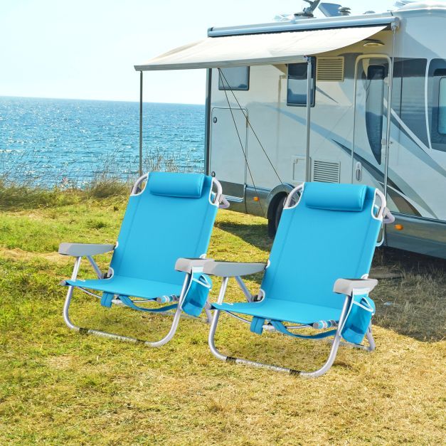 Folding Backpack Beach Chair Set of 2 with 5-Position Backrest for Adults-Blue