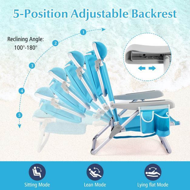 Folding Backpack Beach Chair Set of 2 with 5-Position Backrest for Adults-Blue