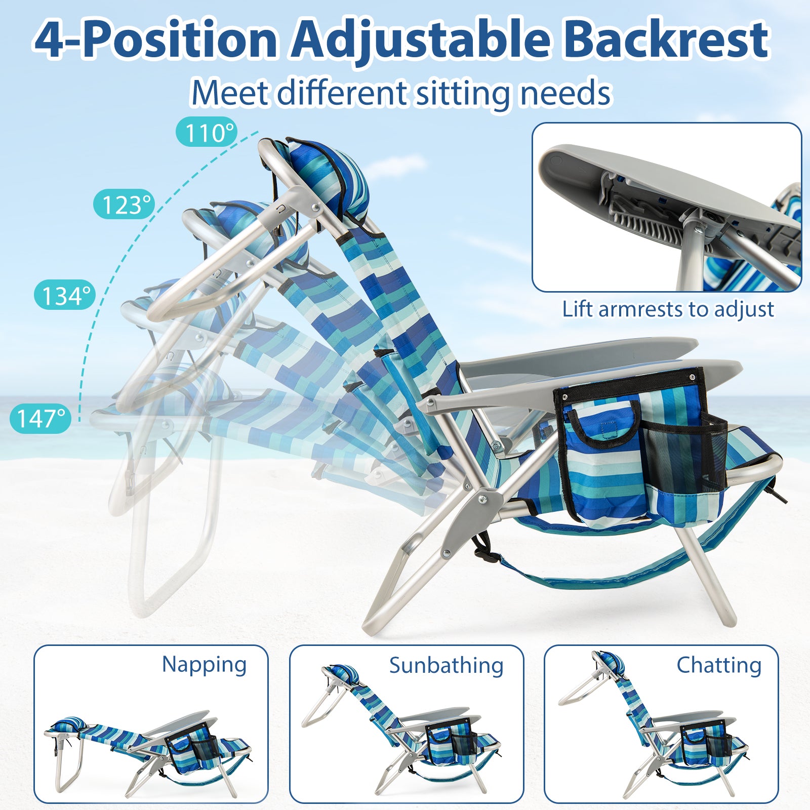 Folding Beach Chair for Adults Lightweight Aluminum Frame with 4-Position Backrest-2 Pack