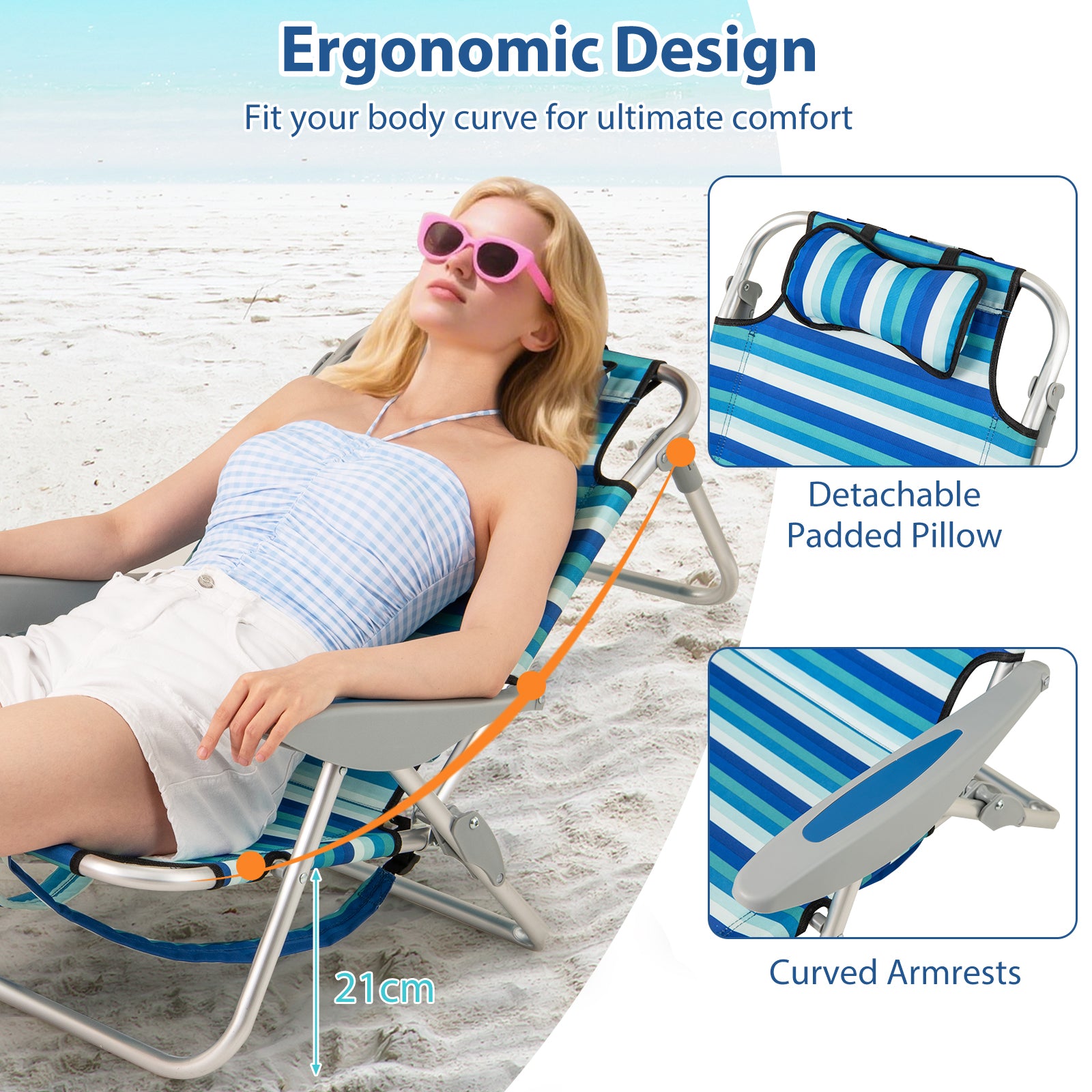 Folding Beach Chair for Adults Lightweight Aluminum Frame with 4-Position Backrest-2 Pack