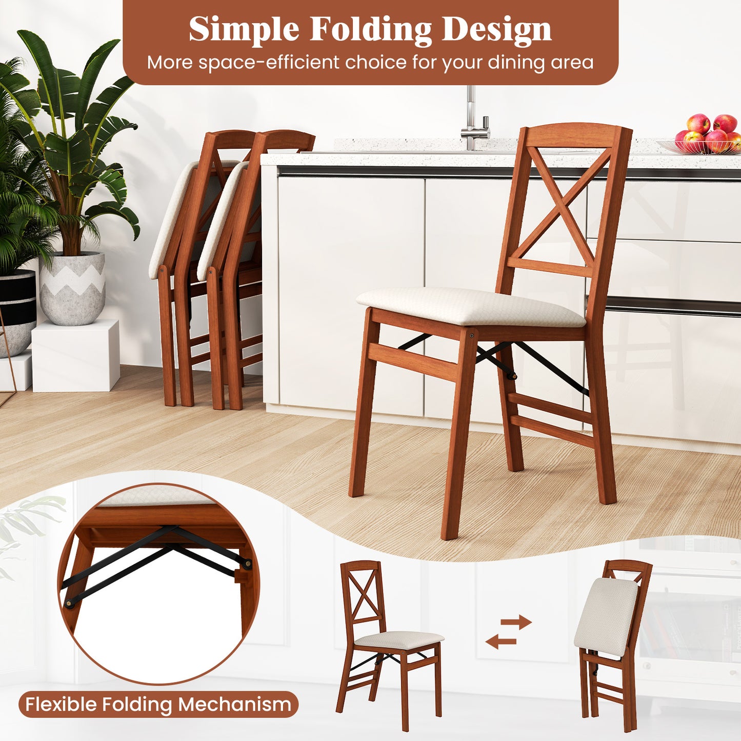 Folding Dining Chairs Set of 2 Kitchen Side Chairs with Padded Seat-Walnut