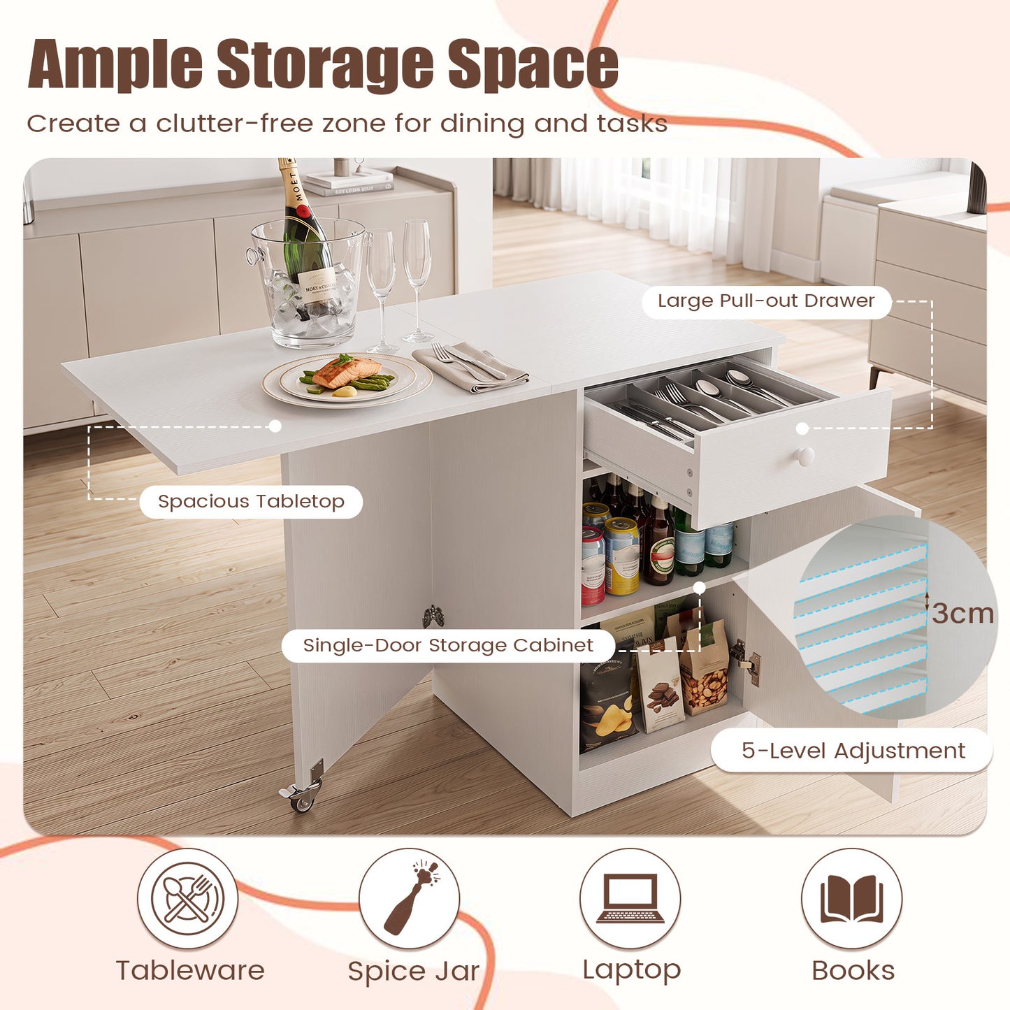 Folding Dining Table with Drawer & Storage Cabinet for Dining Room Living Room-White