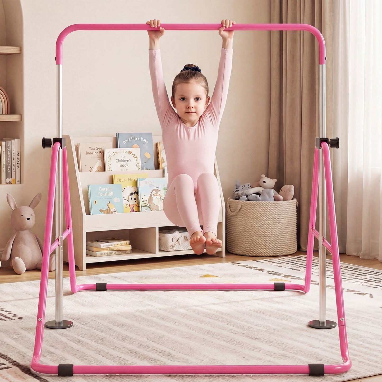 Folding Gymnastics Bar for Kids Height Adjustable Horizontal Kip Training Bar-Pink