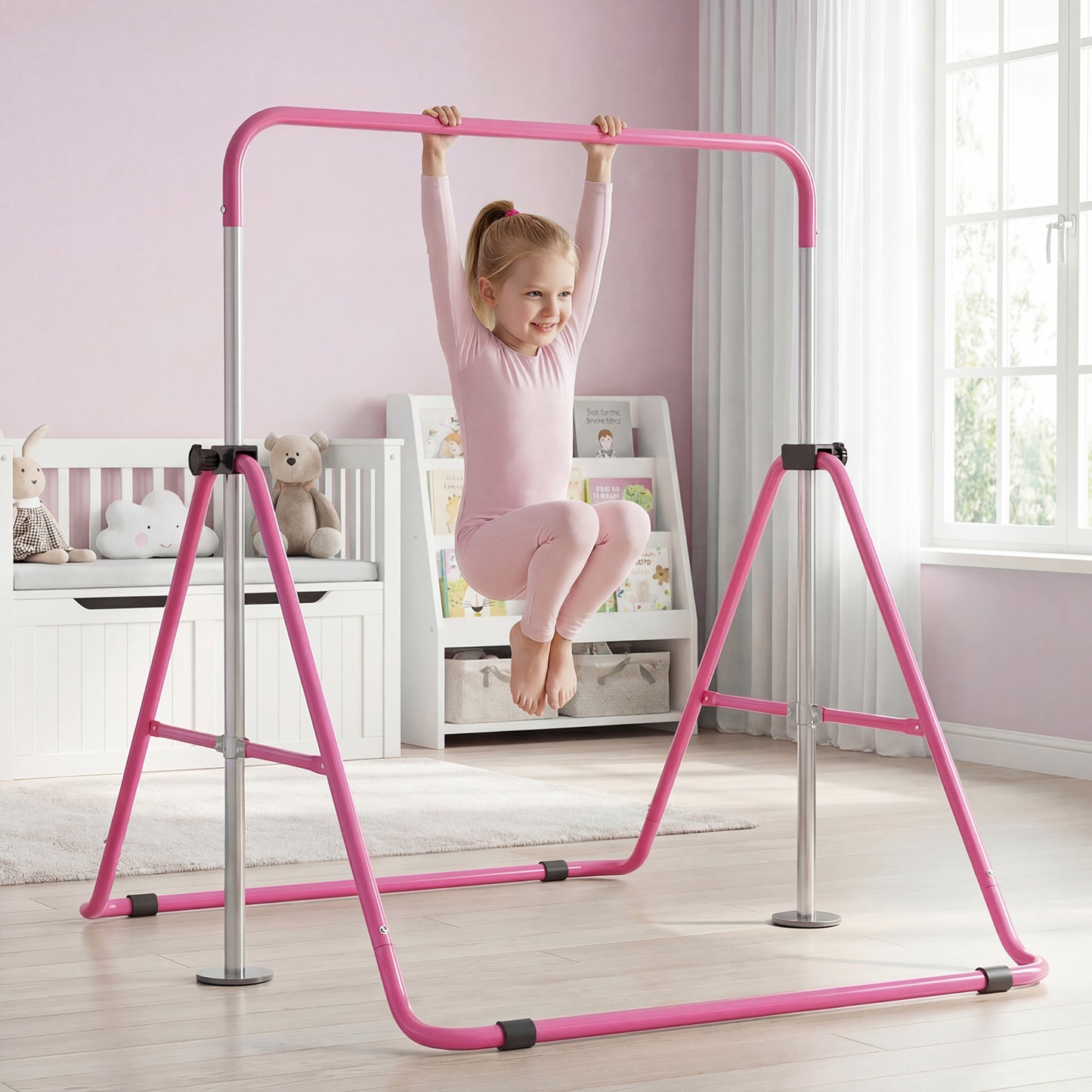 Folding Gymnastics Bar for Kids Height Adjustable Horizontal Kip Training Bar-Pink