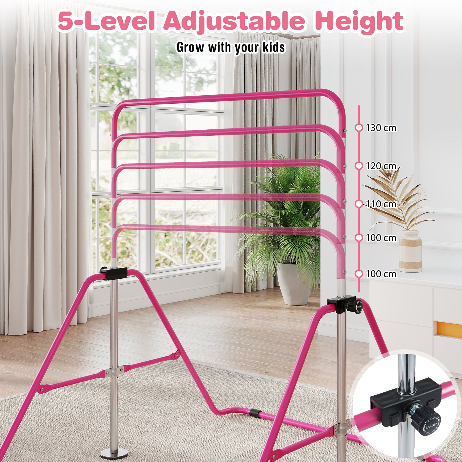 Folding Gymnastics Bar for Kids Height Adjustable Horizontal Kip Training Bar-Pink