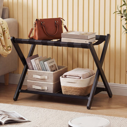 Folding Luggage Rack Solid Rubberwood Suitcase Stand with Nylon Shelves-Black