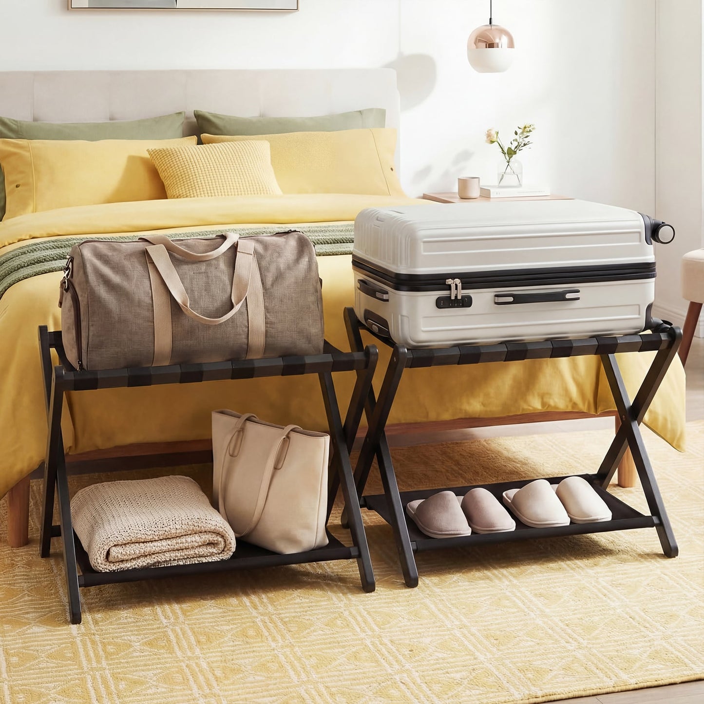 Folding Luggage Rack Solid Rubberwood Suitcase Stand with Nylon Shelves-Black