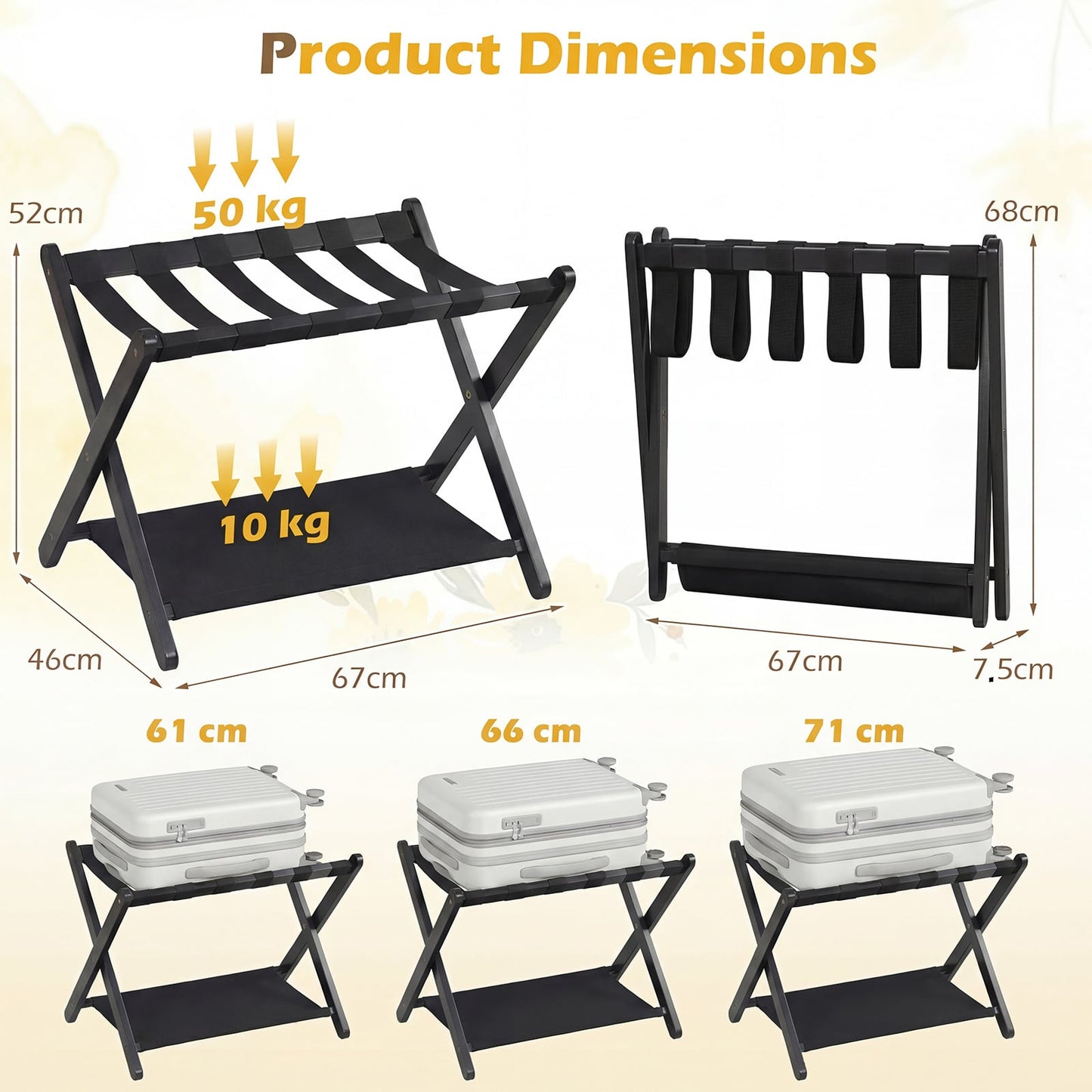 Folding Luggage Rack Solid Rubberwood Suitcase Stand with Nylon Shelves-Black