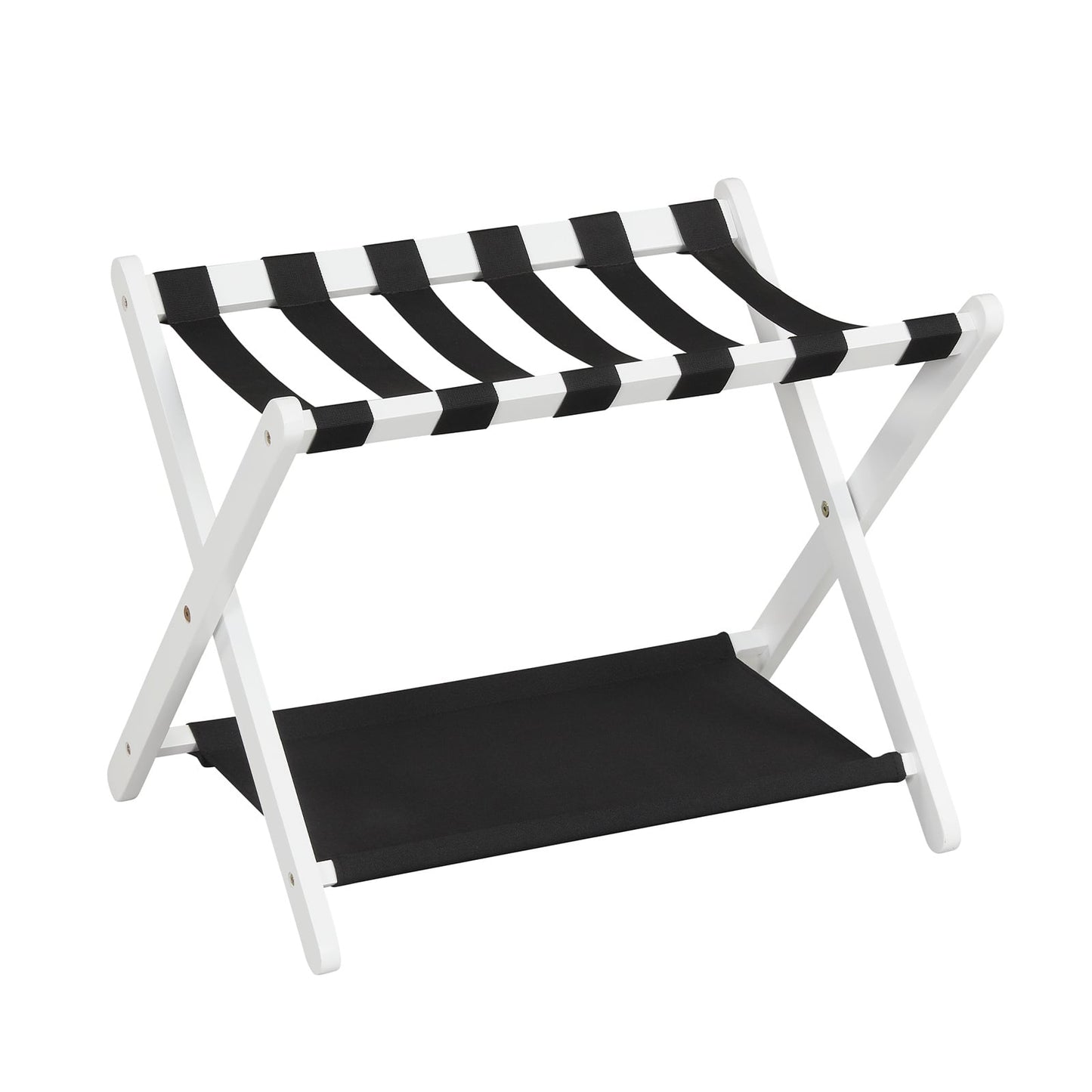 Folding Luggage Rack Solid Rubberwood Suitcase Stand with Nylon Shelves-White