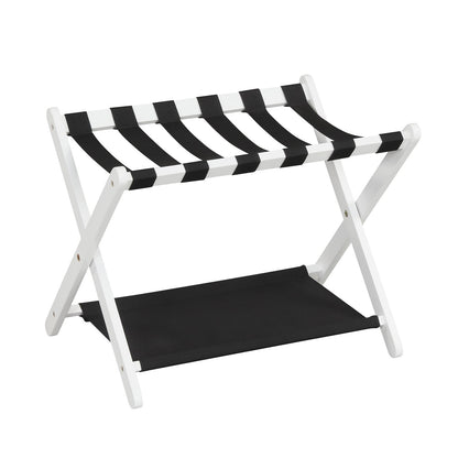 Folding Luggage Rack Solid Rubberwood Suitcase Stand with Nylon Shelves-White
