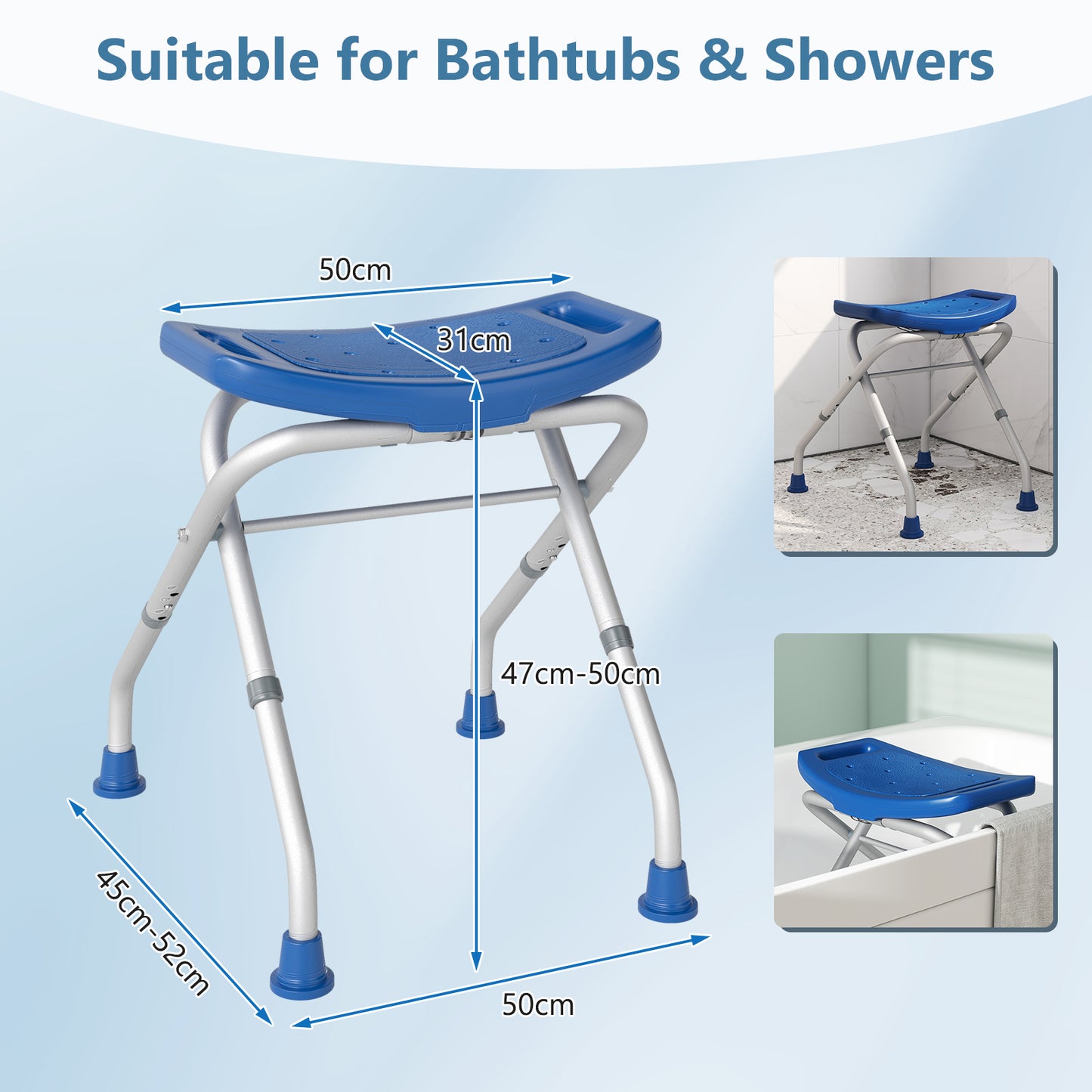 Folding Portable Shower Seat with Adjustable Height for Bathroom-Blue