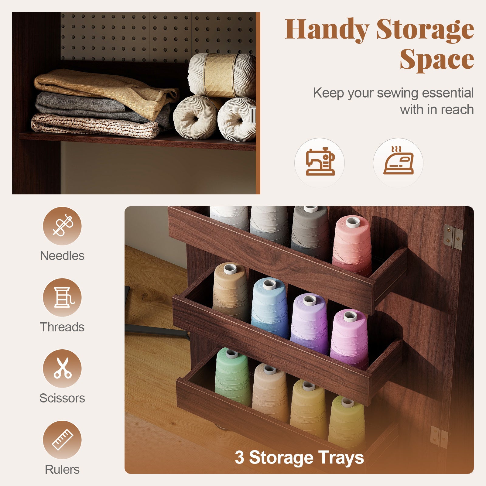 Folding Sewing Table with Storage Shelf and 3 Hidden Bins for Home-Brown