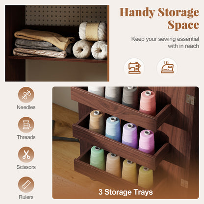 Folding Sewing Table with Storage Shelf and 3 Hidden Bins for Home-Brown