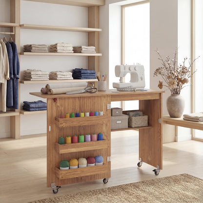 Folding Sewing Table with Storage Shelf and 3 Hidden Bins for Home-Natural