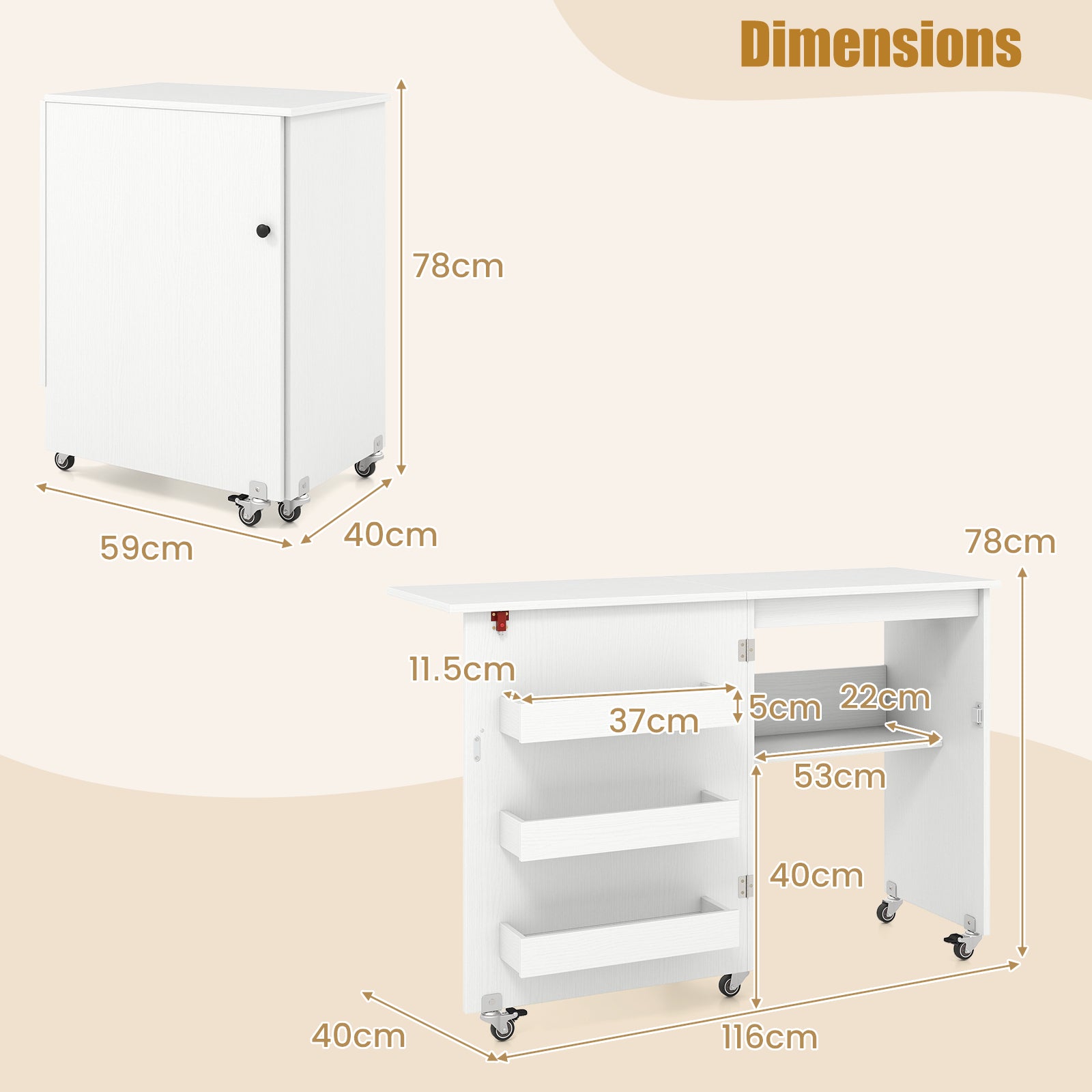 Folding Sewing Table with Storage Shelf and 3 Hidden Bins for Home-White